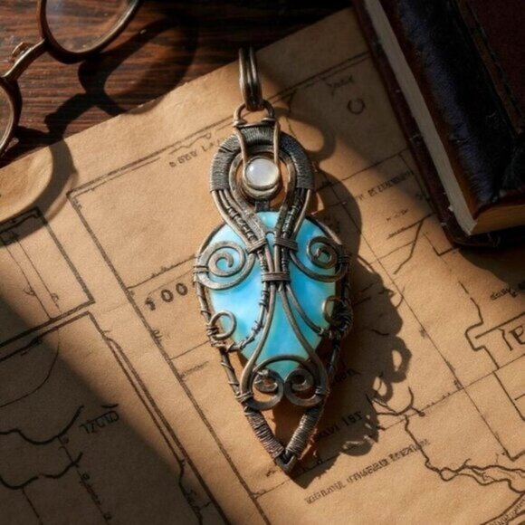 Handcrafted Larimar ✦ Wire-Wrapped Pendant ✦ Pear-Shaped Ocean Stone 4.13g NWT - Picture 2 of 8